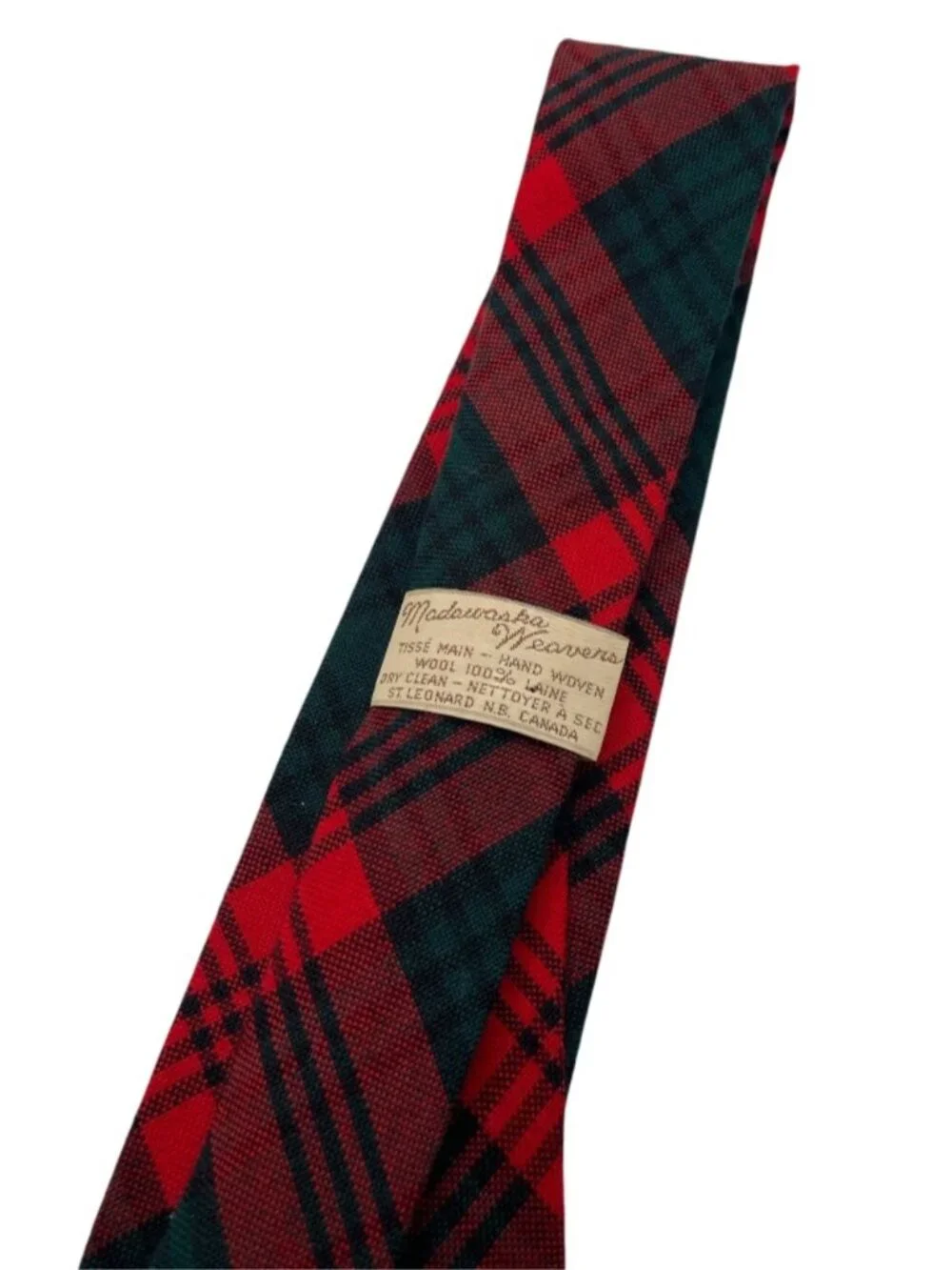 Madawaska Weavers Vintage Hand Woven Wool Tie Tartan Plaid Red Green Canada